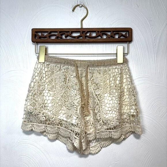 Nabee Lace Crochet Beige Shorts Layered Drawstring Pull On Boho Festival Floral - Picture 1 of 5